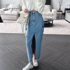 Ingvn - Cargo Jeans Skirt For Women High Waisted Side Pockets Split Fashion Midi Vintage Casual