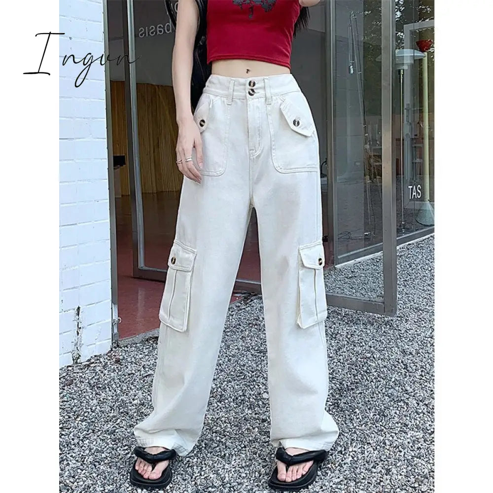 Ingvn - Cargo Pants For Women 2023 New High Waisted Pockets Korean Baggy Wide Leg Streetwear Casual