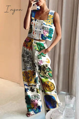 Ingvn - Casual Animal Printing Square Collar Sleeveless Two Pieces White / S Pieces/Two-Piece Pants
