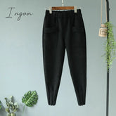 Ingvn - Casual Autumn Winter Women Pants Korean Elastic High Waist Pockets Suede Harem Trousers
