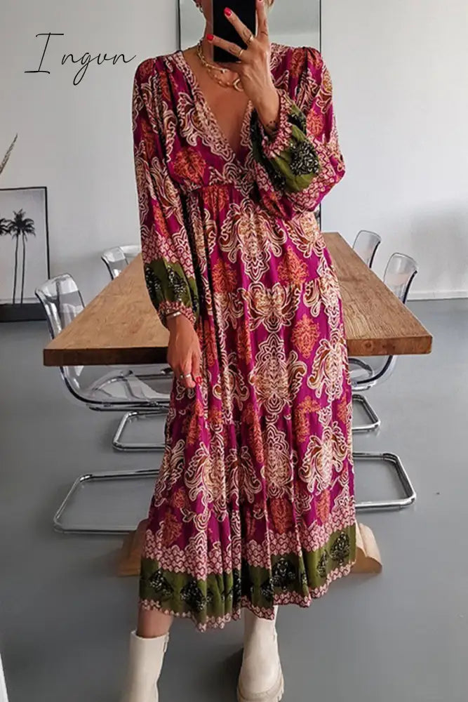 Ingvn - Casual Bohemian Floral Fold V Neck Printed Dresses(4 Colors) Dresses/Boho Dresses