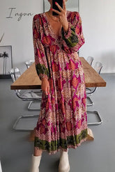 Ingvn - Casual Bohemian Floral Fold V Neck Printed Dresses(4 Colors) Rose Red / S Dresses/Boho
