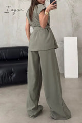 Ingvn - Casual British Style Solid Frenulum Turn-Back Collar Sleeveless Two Pieces Pieces/Two-Piece