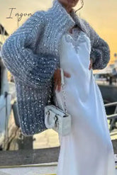 Ingvn - Casual Celebrities Elegant Sequins Turndown Collar Tops Sky Blue / Xs Tops/Sweaters &