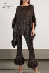 Ingvn - Casual Celebrities Solid Sequins Sequined O Neck Long Sleeve Two Pieces Pieces/Two-Piece