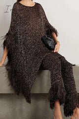 Ingvn - Casual Celebrities Solid Sequins Sequined O Neck Long Sleeve Two Pieces Pieces/Two-Piece