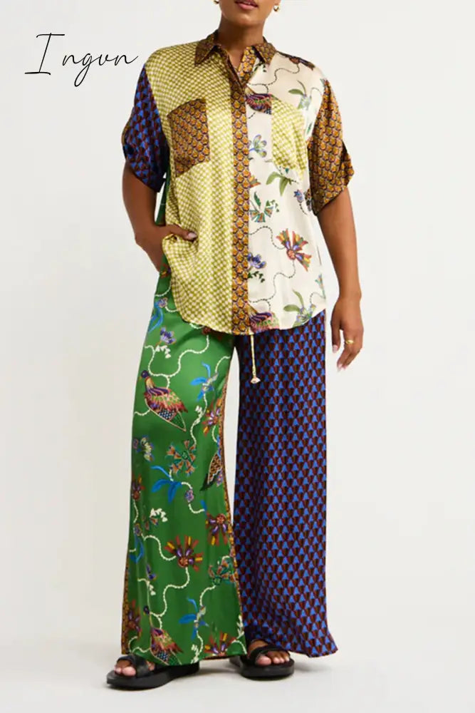 Ingvn - Casual College Print Patchwork Turndown Collar Short Sleeve Two Pieces Pieces/Two-Piece