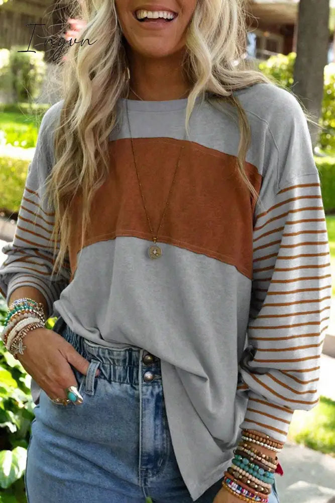 Ingvn - Casual Color Block Contrast O Neck Tops Tops/Long Sleeve