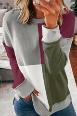 Ingvn - Casual Color Lump Patchwork Contrast O Neck Tops(5 Colors) Army Green / S Tops/Sweats &