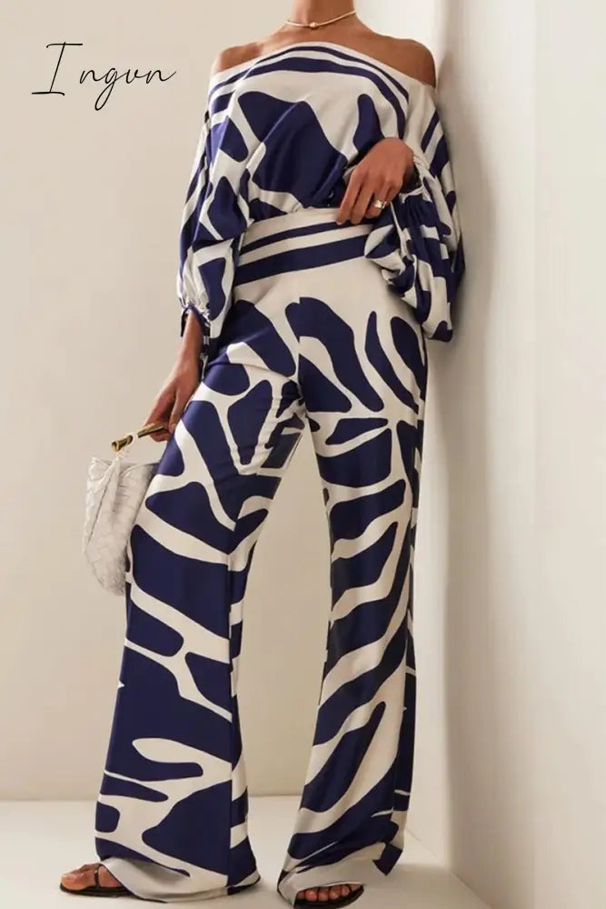 Ingvn - Casual Elegant Print Patchwork Off The Shoulder Long Sleeve Two Pieces(13 Colors)