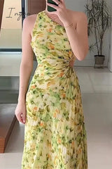 Ingvn - Casual Floral Fold Oblique Collar Irregular Dress Dresses Dresses/Floral