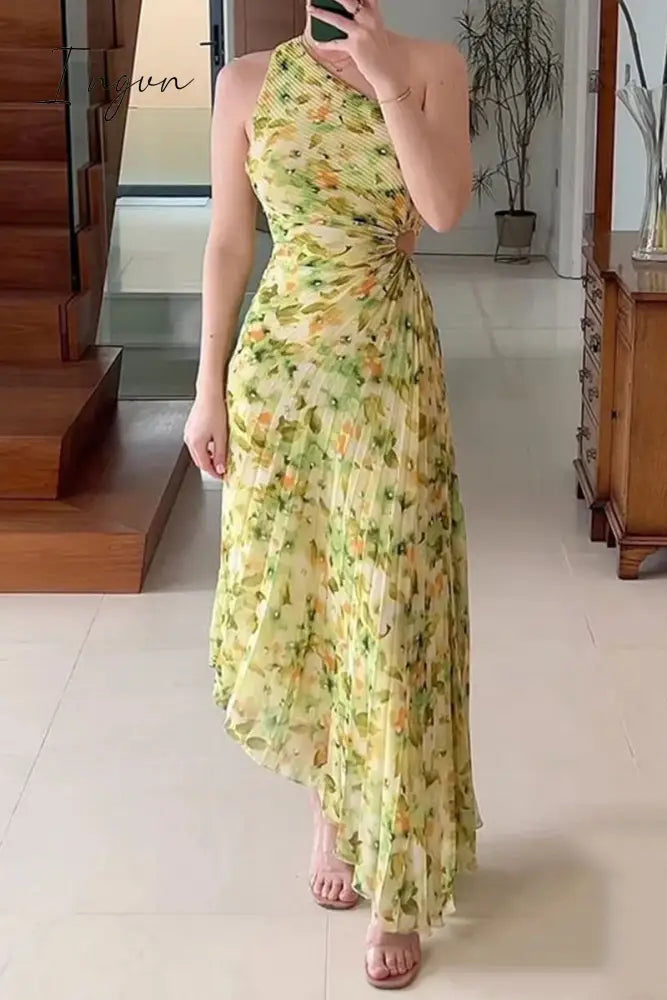 Ingvn - Casual Floral Fold Oblique Collar Irregular Dress Dresses Dresses/Floral