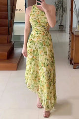 Ingvn - Casual Floral Fold Oblique Collar Irregular Dress Dresses Dresses/Floral