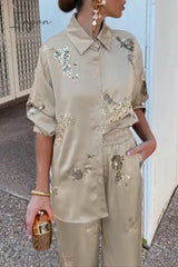 Ingvn - Casual Flowers Sequins Patchwork Turndown Collar Long Sleeve Two Pieces Khaki / S