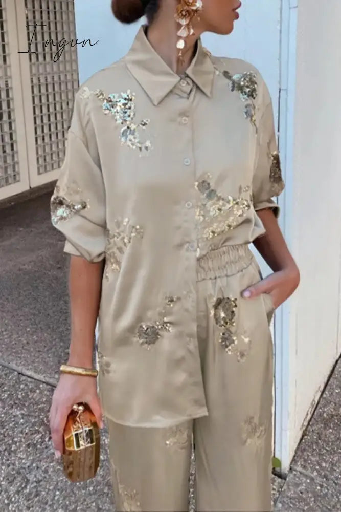Ingvn - Casual Flowers Sequins Patchwork Turndown Collar Long Sleeve Two Pieces Pieces/Two-Piece