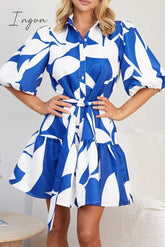 Ingvn - Casual Geometric Print Bandage Turndown Collar A Line Dresses Dresses/Casual