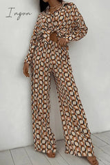 Ingvn - Casual Geometric Print Buttons Turndown Collar Long Sleeve Two Pieces Pieces/Two-Piece