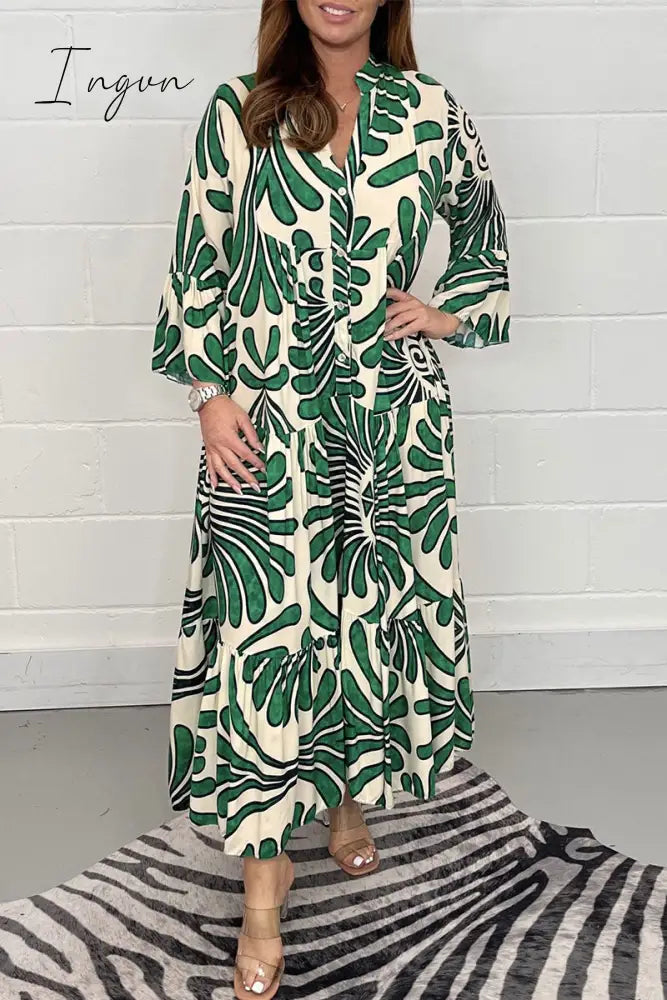 Ingvn - Casual Geometric Printing Mandarin Collar Printed Dress Dresses Dresses/Casual