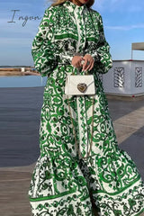 Ingvn - Casual Geometric Printing Mandarin Collar Printed Dress Dresses Green / S Dresses/Boho