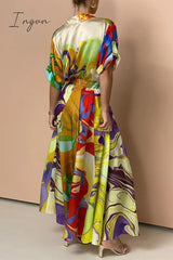 Ingvn - Casual Geometric Printing Turndown Collar Short Sleeve Two Pieces Pieces/Two-Piece Dress