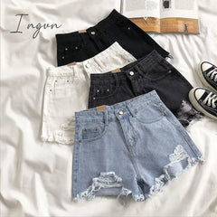 Ingvn - Casual High Waist Denim Shorts Women Summer Pocket Tassel Hole Ripped Jeans Short Female