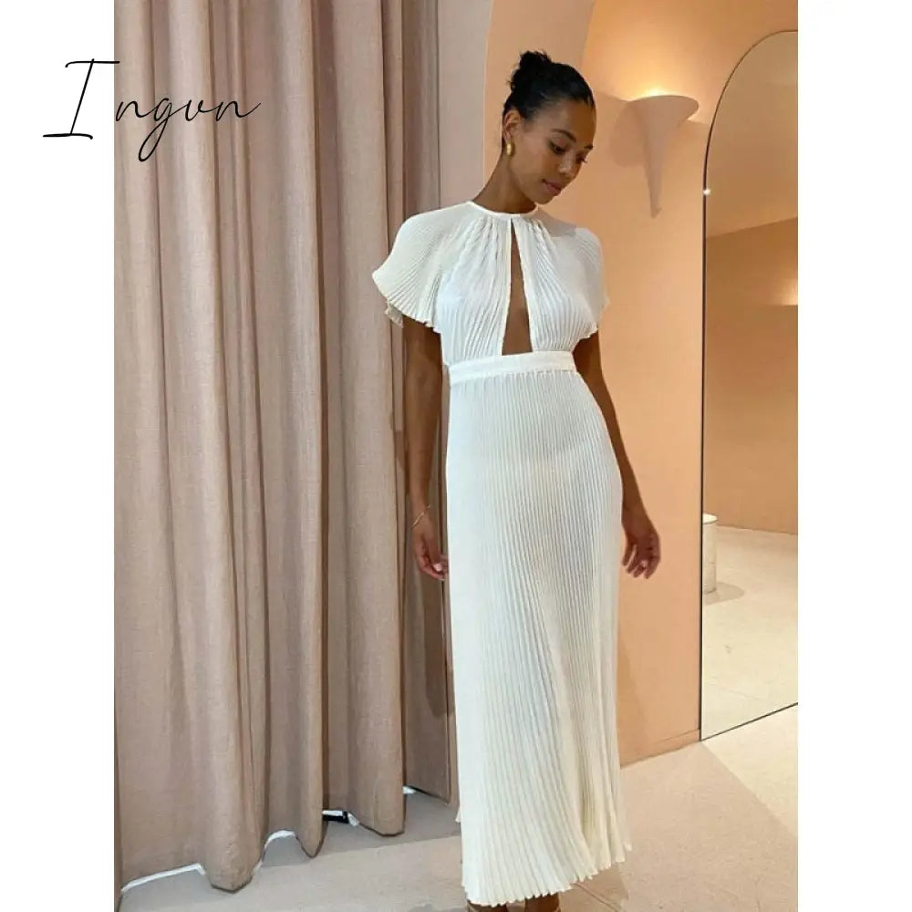 Ingvn - Casual Hollow Out Pleated Dress For Women Fashion Flare Sleeve Backless A Line Dresses