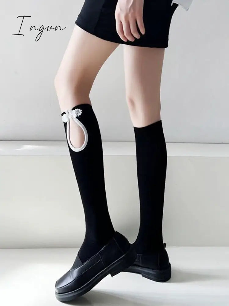 Ingvn - Casual Hollow Solid Color Disc Buckle Socks Accessories Long / Black One_Size Warmers