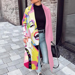 Ingvn - Casual Lapel Long Sleeve Blend Wool Coats Fashion Portrait Print Women Overcoat Winter