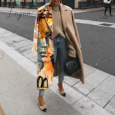 Ingvn - Casual Lapel Long Sleeve Blend Wool Coats Fashion Portrait Print Women Overcoat Winter