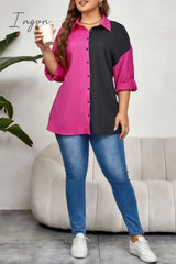 Ingvn - Casual Patchwork Contrast Shirt Collar Plus Size Tops Size/Plus