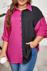 Ingvn - Casual Patchwork Contrast Shirt Collar Plus Size Tops Rose Red / Xl Size/Plus