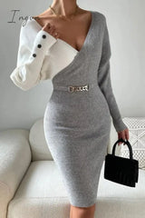 Ingvn - Casual Patchwork Contrast V Neck Long Sleeve Dresses Dresses/Long