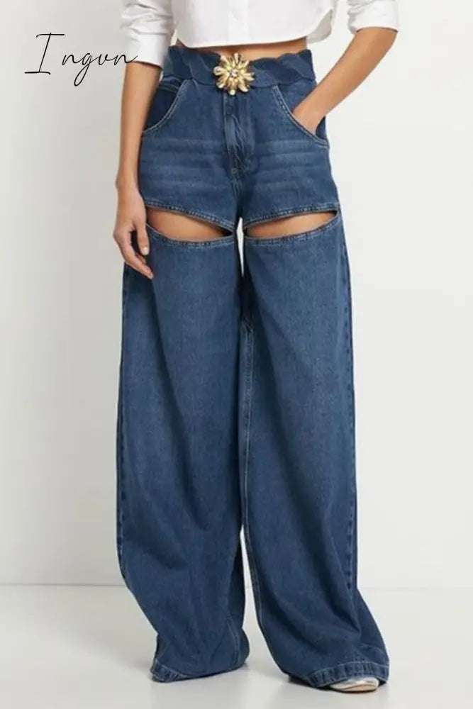 Ingvn - Casual Patchwork Metal Accessories Decoration Contrast High Waist Regular Denim Jeans Blue