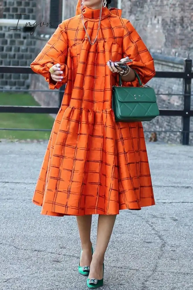Ingvn - Casual Plaid Patchwork Turtleneck Long Sleeve Dresses Dresses/Long