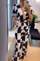 Ingvn - Casual Plaid Pocket Contrast V Neck Jumpsuits & Rompers/Jumpsuits