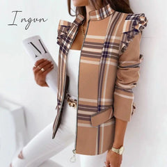 Ingvn - Casual Plaid Zip Blazer Jacket Women Spring Fall Long Sleeve Stand Neck Slim Coats Elegant