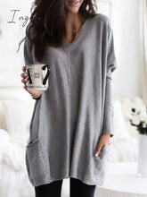 Ingvn - Casual Pockets Long Sleeve Solid Tops Deep Gray / S
