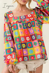 Ingvn - Casual Print Contrast Square Collar Tops Colour / S Tops/Long Sleeve