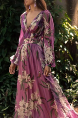 Ingvn - Casual Print Mesh V Neck Waist Skirt Dresses Rose Red / S Dresses/Casual