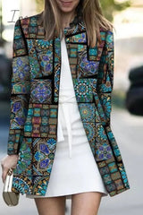 Ingvn - Casual Print Patchwork Cardigan Collar Outerwear Peacock Blue / S Outerwear/Suit Jacket
