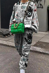 Ingvn - Casual Print Patchwork O Neck Long Sleeve Two Pieces Black White / S Pieces/Two-Piece Pants