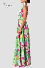 Ingvn - Casual Print Patchwork Slit V Neck Long Dress Dresses Dresses/Maxi