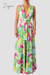 Ingvn - Casual Print Patchwork Slit V Neck Long Dress Dresses Dresses/Maxi