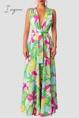 Ingvn - Casual Print Patchwork Slit V Neck Long Dress Dresses Dresses/Maxi