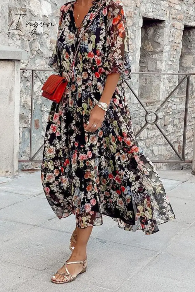 Ingvn - Casual Print Patchwork V Neck Cake Skirt Dresses Dresses/Print