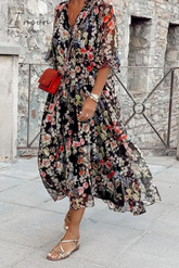 Ingvn - Casual Print Patchwork V Neck Cake Skirt Dresses Black / S Dresses/Print