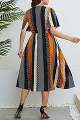 Ingvn - Casual Print Patchwork V Neck Short Sleeve Dress Plus Size Dresses Size/Plus