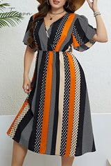 Ingvn - Casual Print Patchwork V Neck Short Sleeve Dress Plus Size Dresses Size/Plus