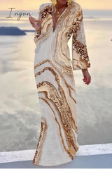 Ingvn - Casual Print Patchwork V Neck Trumpet Mermaid Dresses Gold / S Dresses/Party And Cocktail