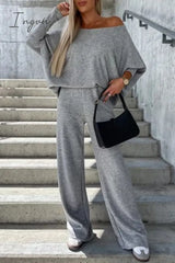Ingvn - Casual Print Solid Basic Oblique Collar Two Pieces Grey / S Pieces/Two-Piece Pants Set